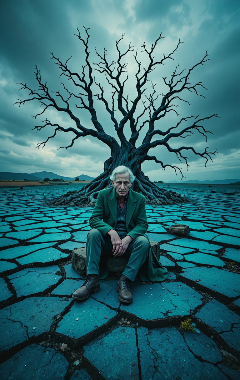 Old man in green on cracked blue and green ground