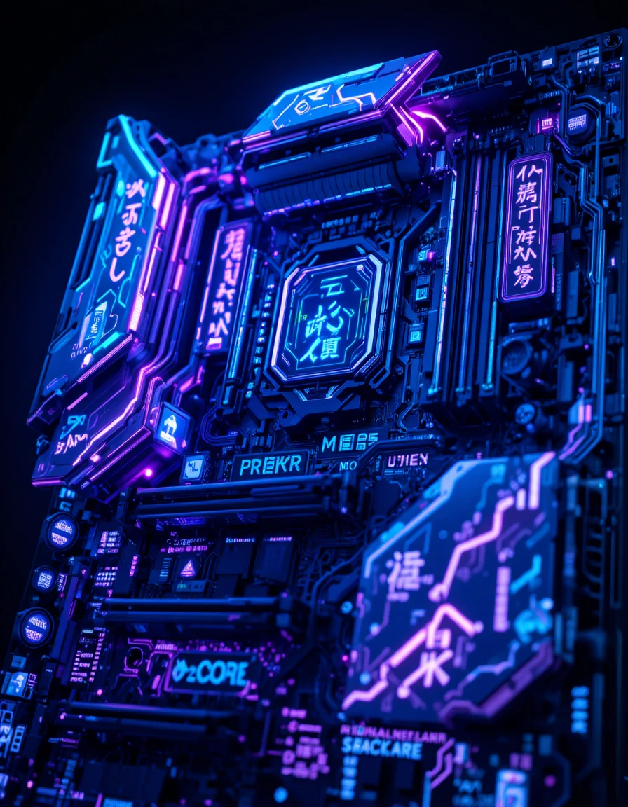 Futuristic motherboard close up with neon circuitry glow