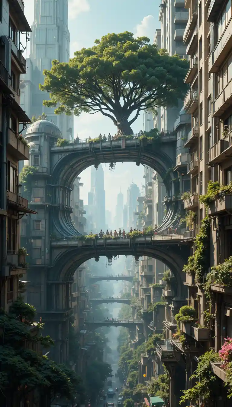 Futuristic solarpunk city with bridges and living architecture