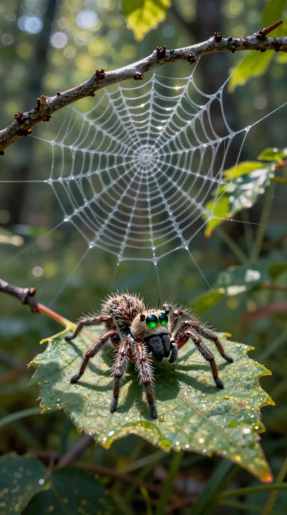 Tiny furry spider resting on a leaf in forest light