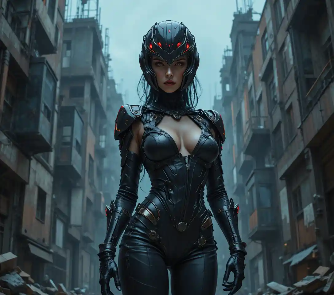 Cyberpunk warrior woman in spiked helmet close up portrait