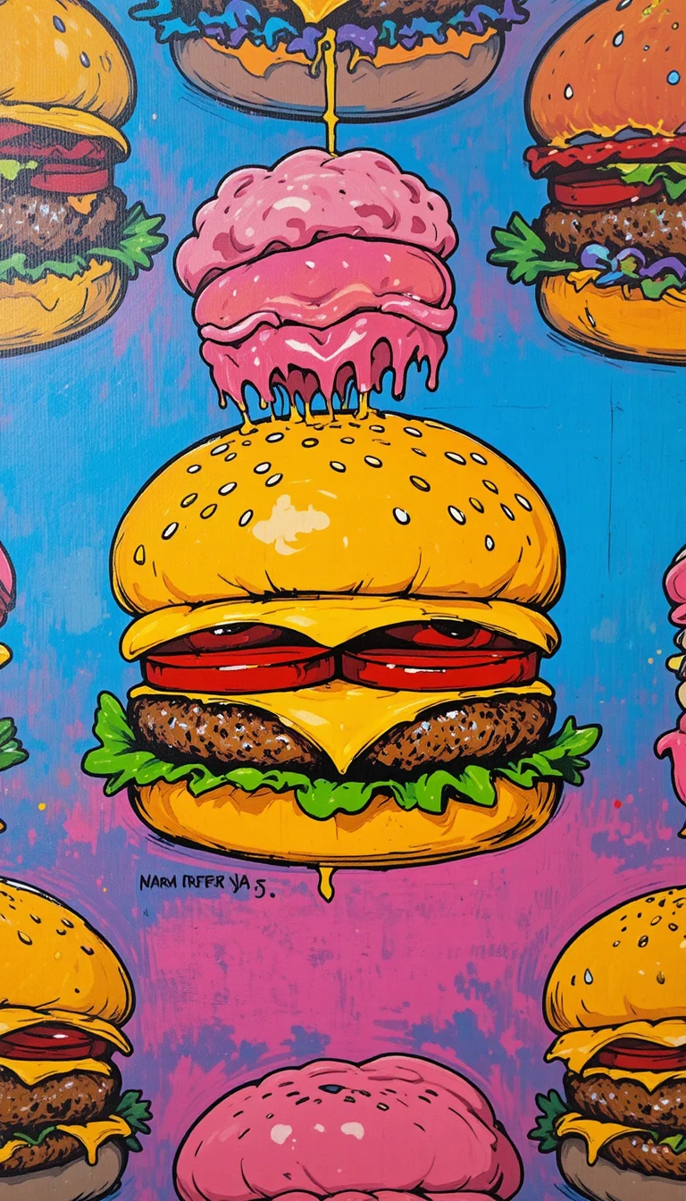 Pop art pattern of repeating graphic cheeseburger icons