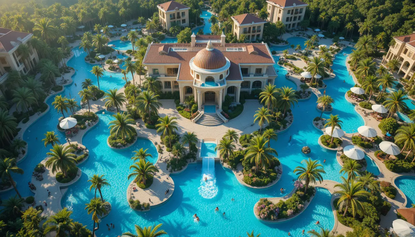 Aerial view of turquoise pools in a tropical water resort
