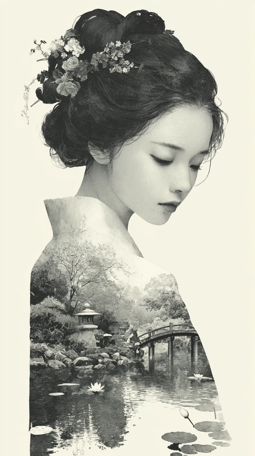 Serene Japanese woman in kimono with inner garden tableau