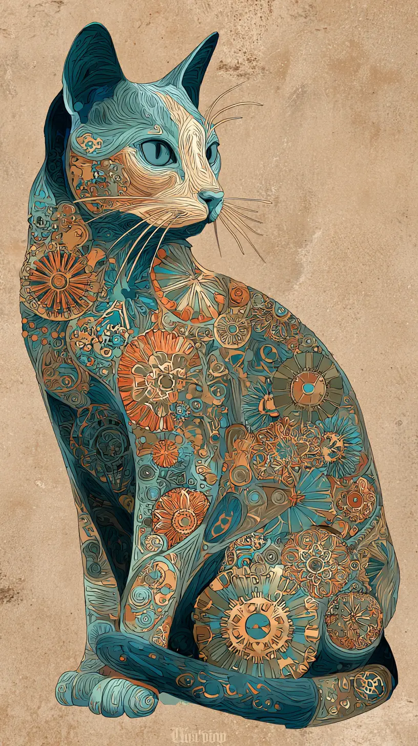 Slender cat in ornate mosaic steampunk art nouveau style