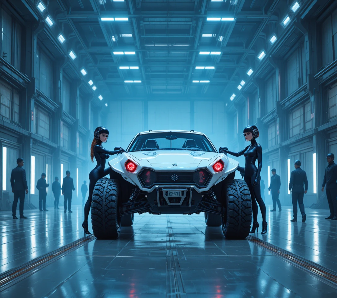 Futuristic armored vehicle in cold industrial hangar