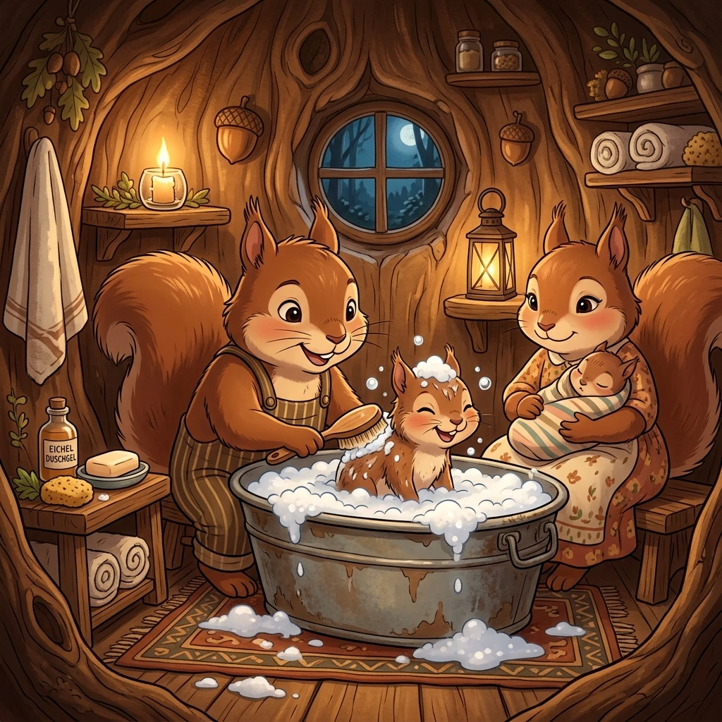 Cute anime squirrel family in a cozy treehole bath