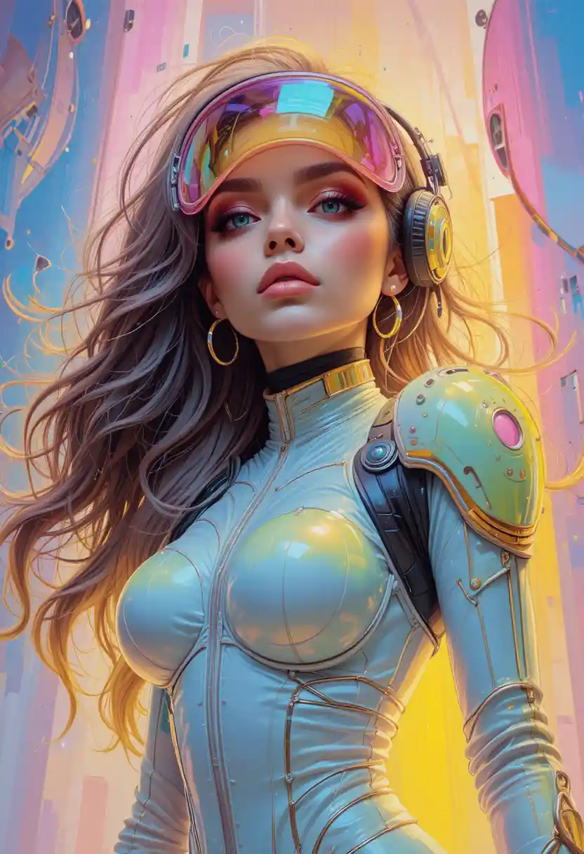 Cheeky sci fi woman in visor and polymer suit
