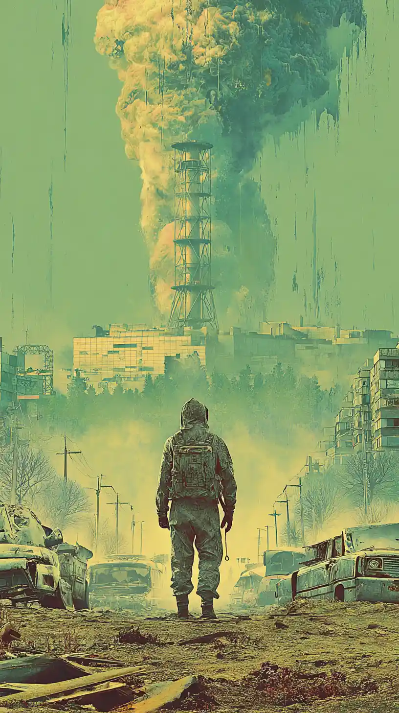 Ominous Chernobyl reactor towering over a ruined empty city