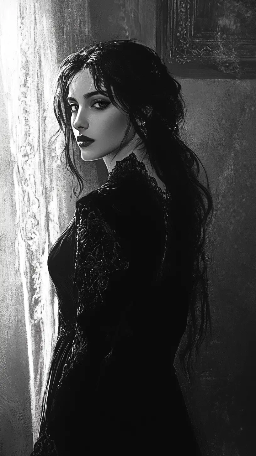 Dark haired witch standing in a candlelit old room
