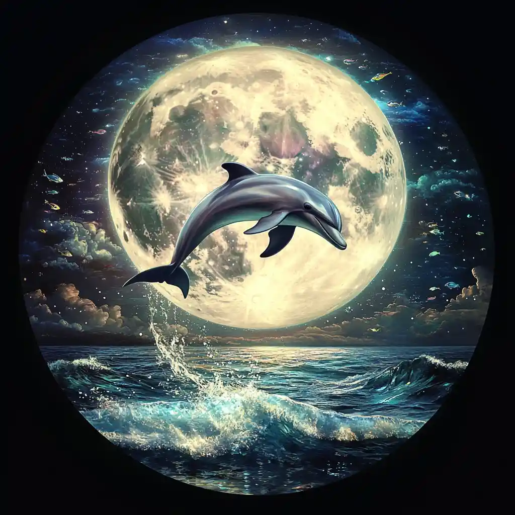 Dolphin Leaping From Moonlit Ocean Beneath Glowing Full Moon