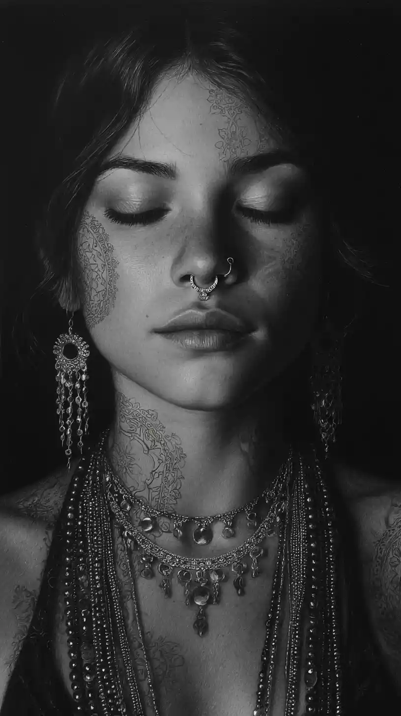 Retrato en carboncillo en primer plano de mujer tatuada en meditación