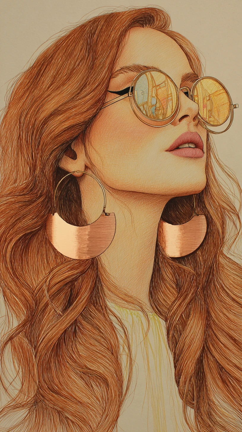 Elegant fashion illustration of woman in profile with gold sunglasses