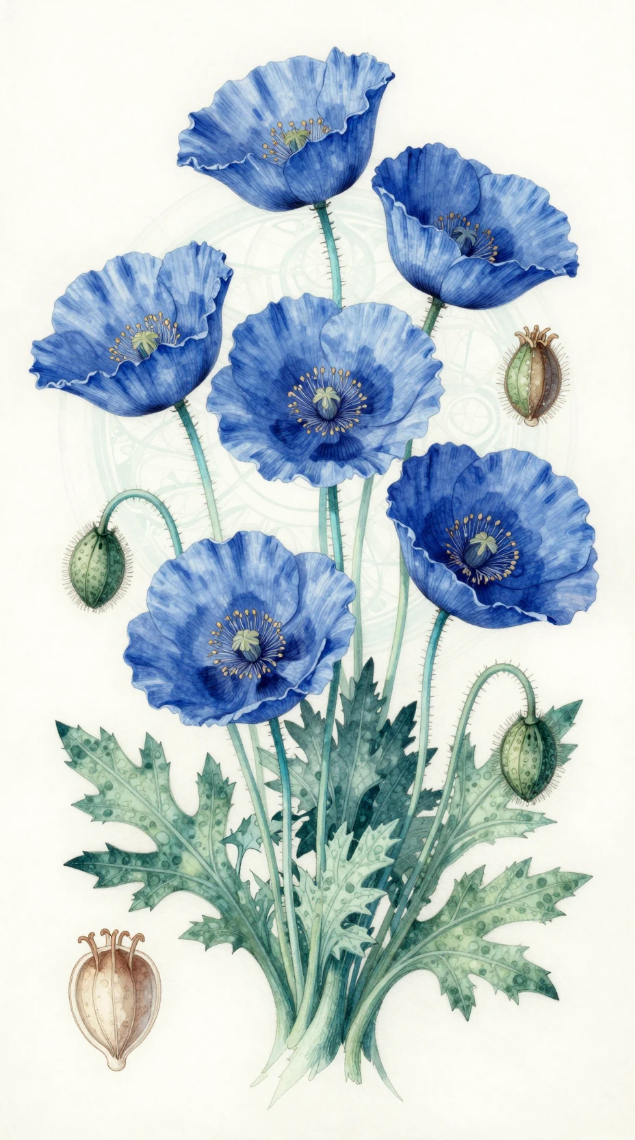 Botanical illustration of glowing blue poppy flowers on vellum