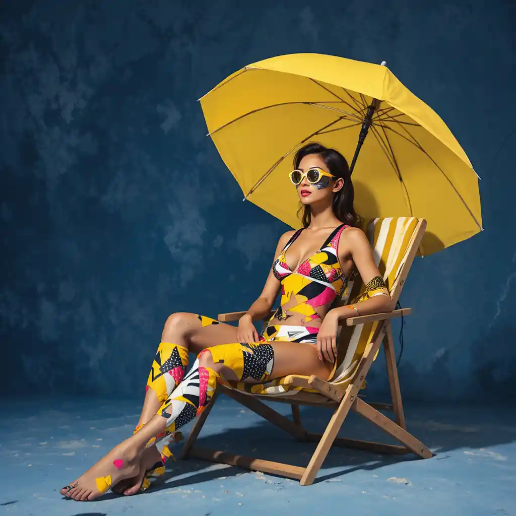 Woman lounging on striped beach chair under yellow umbrella