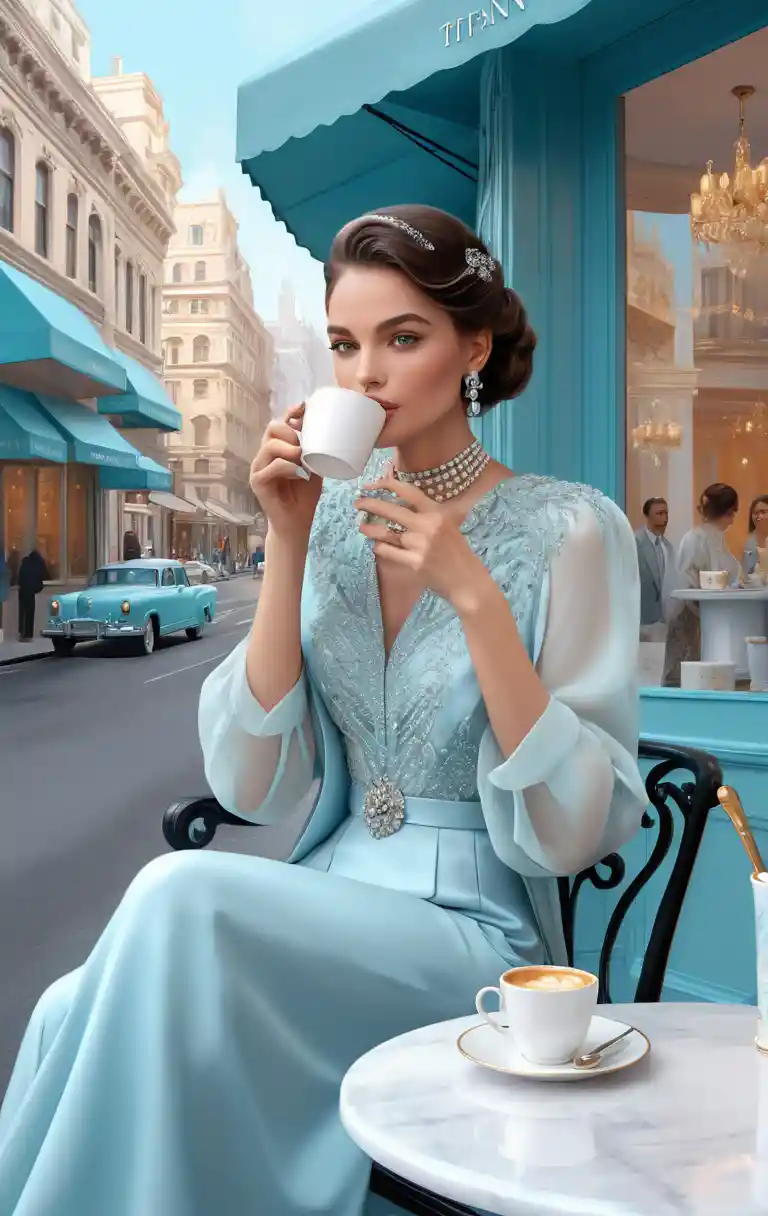 Chic woman in pastel blue outfit sipping coffee outside