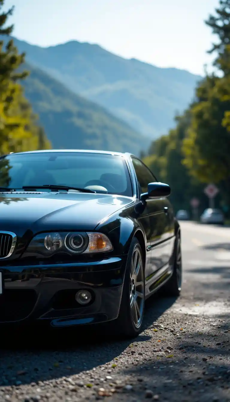 Black BMW on winding mountain road under blue sky