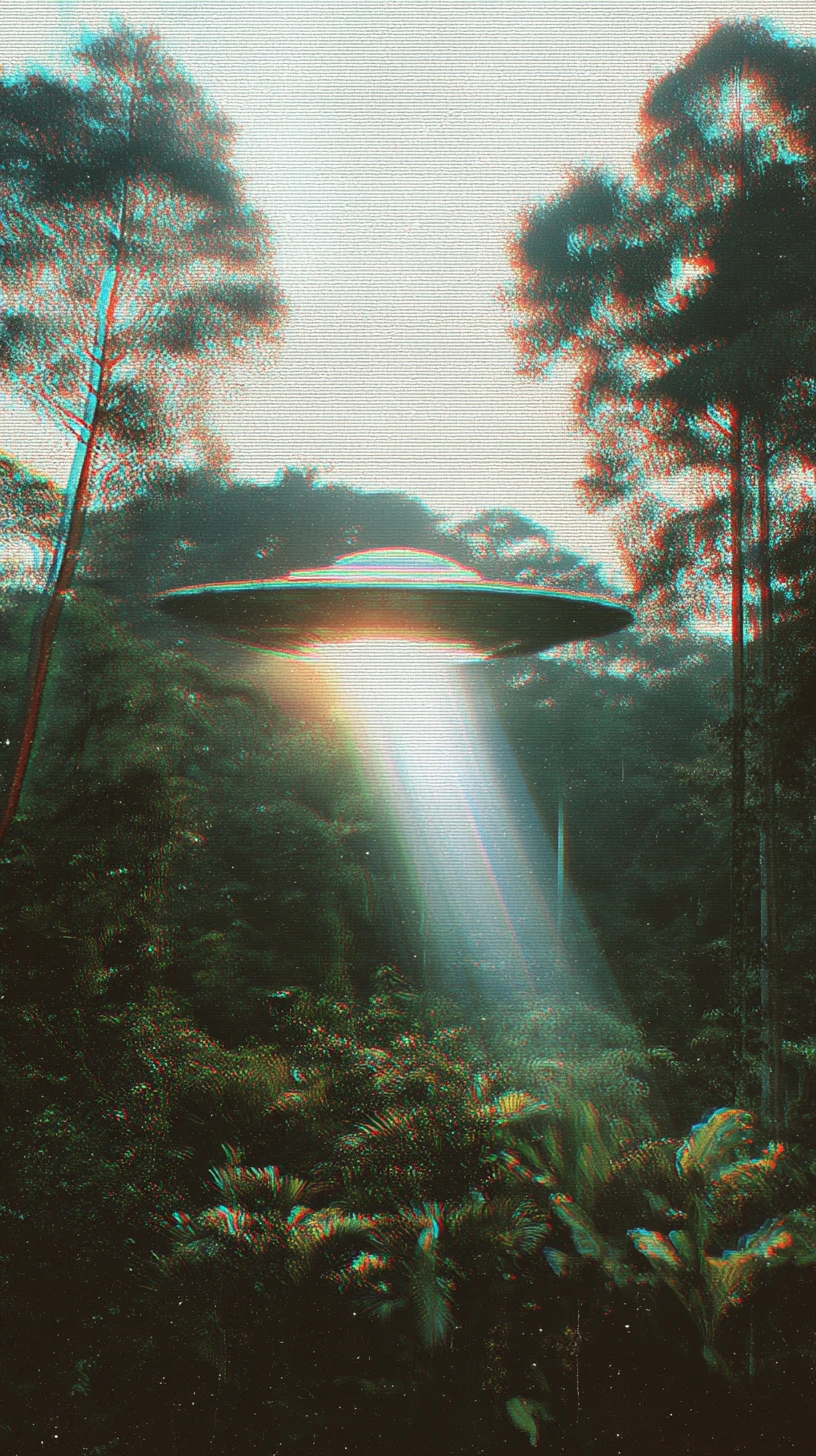 Analog UFO hovering above dense jungle in harsh sunlight