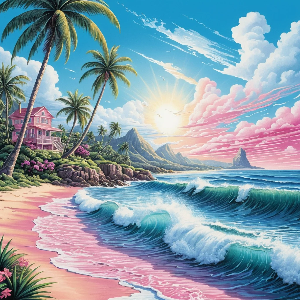 Colorful tropical ocean waves with palms in summer scene