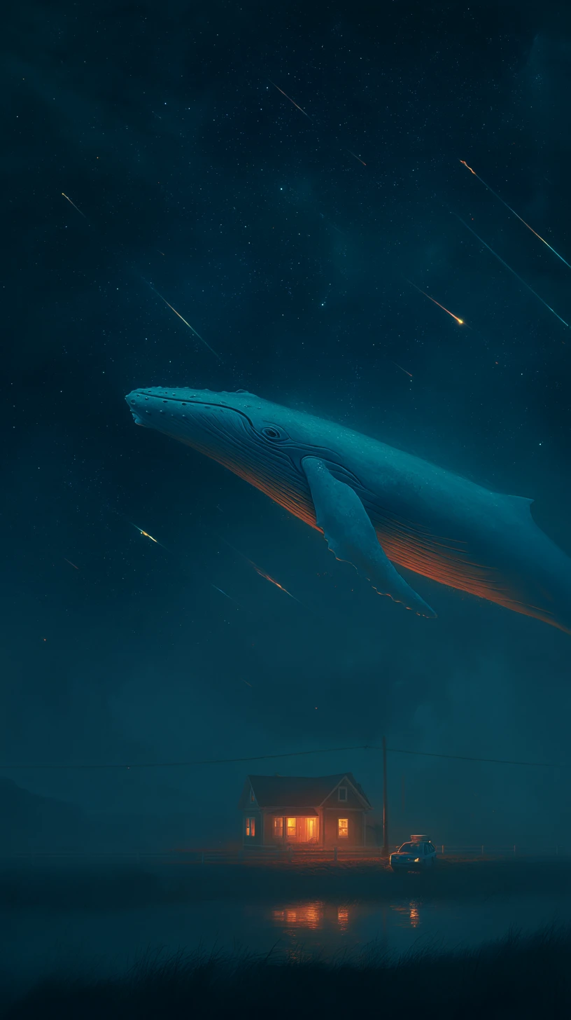 Blue whale drifting across a glowing starry night sky