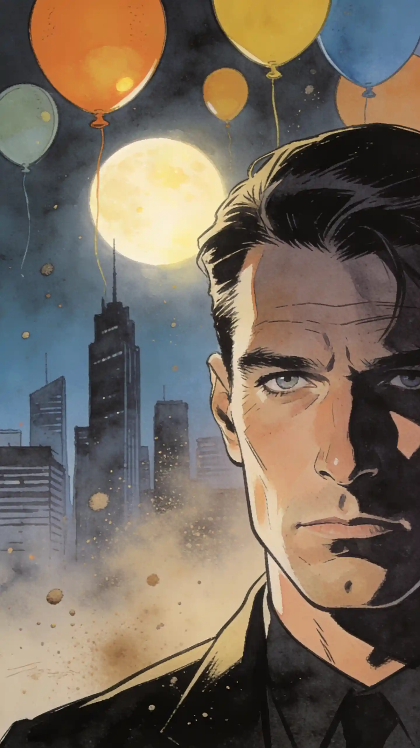 Man in foreground with hazy modern city skyline