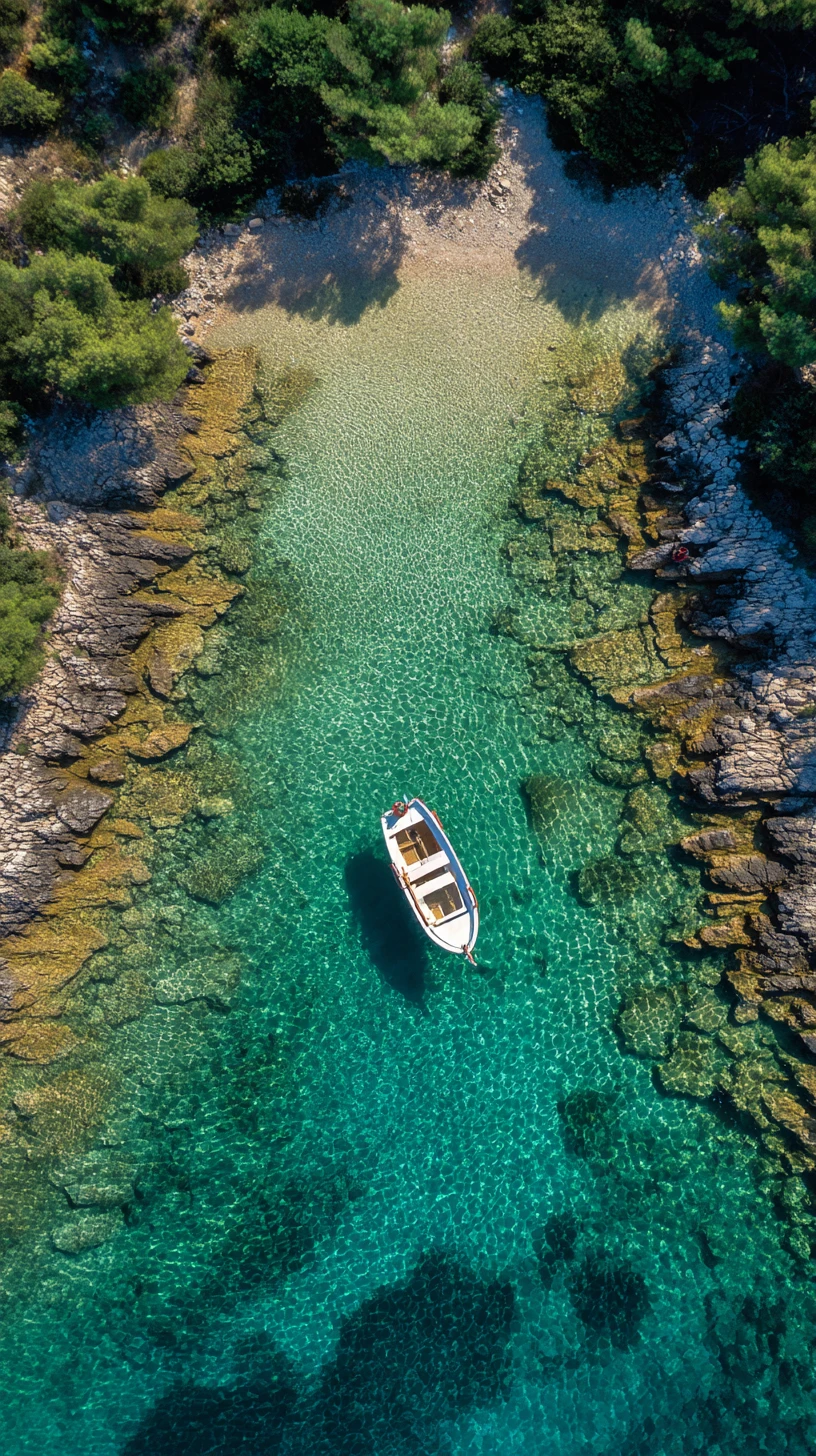 Overhead view of Croatian coast with lone fishing boat