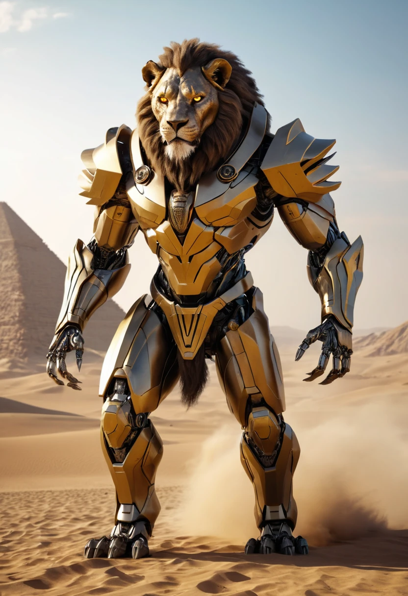 Futuristic robot lion warrior standing in Egyptian desert
