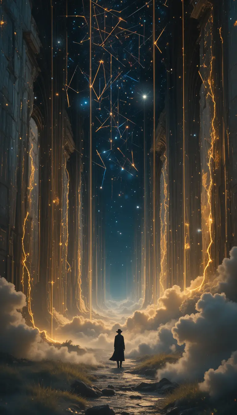Interlaced light threads linking distant points in darkness