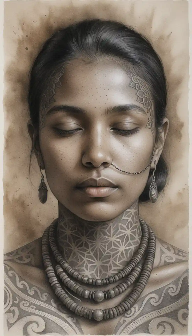 Portrait rapproché au fusain d’une femme tatouée en méditation