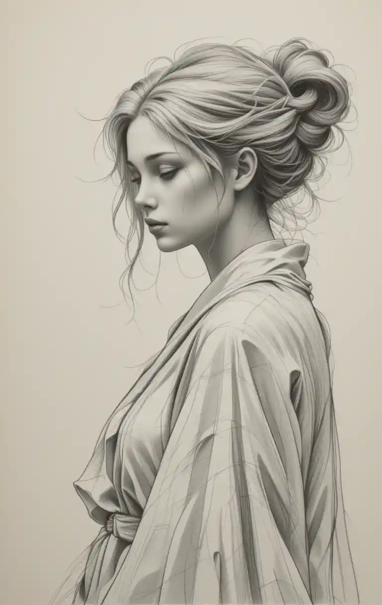Melancholic pencil portrait of a young woman in profile