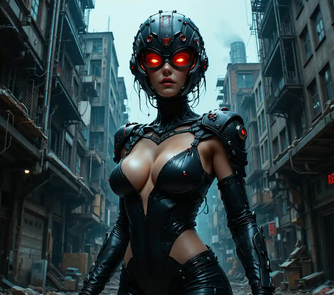 Guerrière cyberpunk au casque squelettique dans une ville sombre