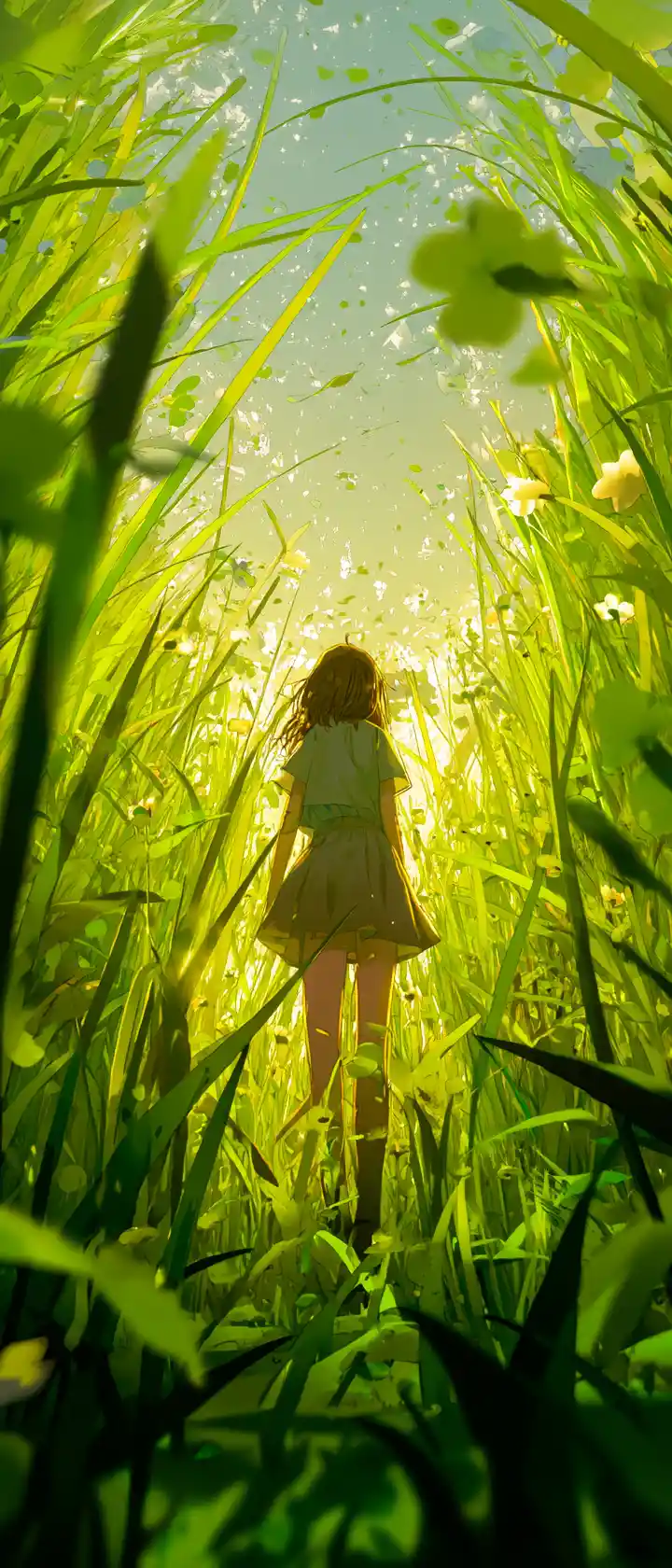 Anime girl walking alone through a sunlit watching meadow