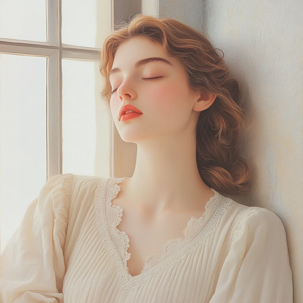 Romantic woman sunbathing by a window in soft illustration