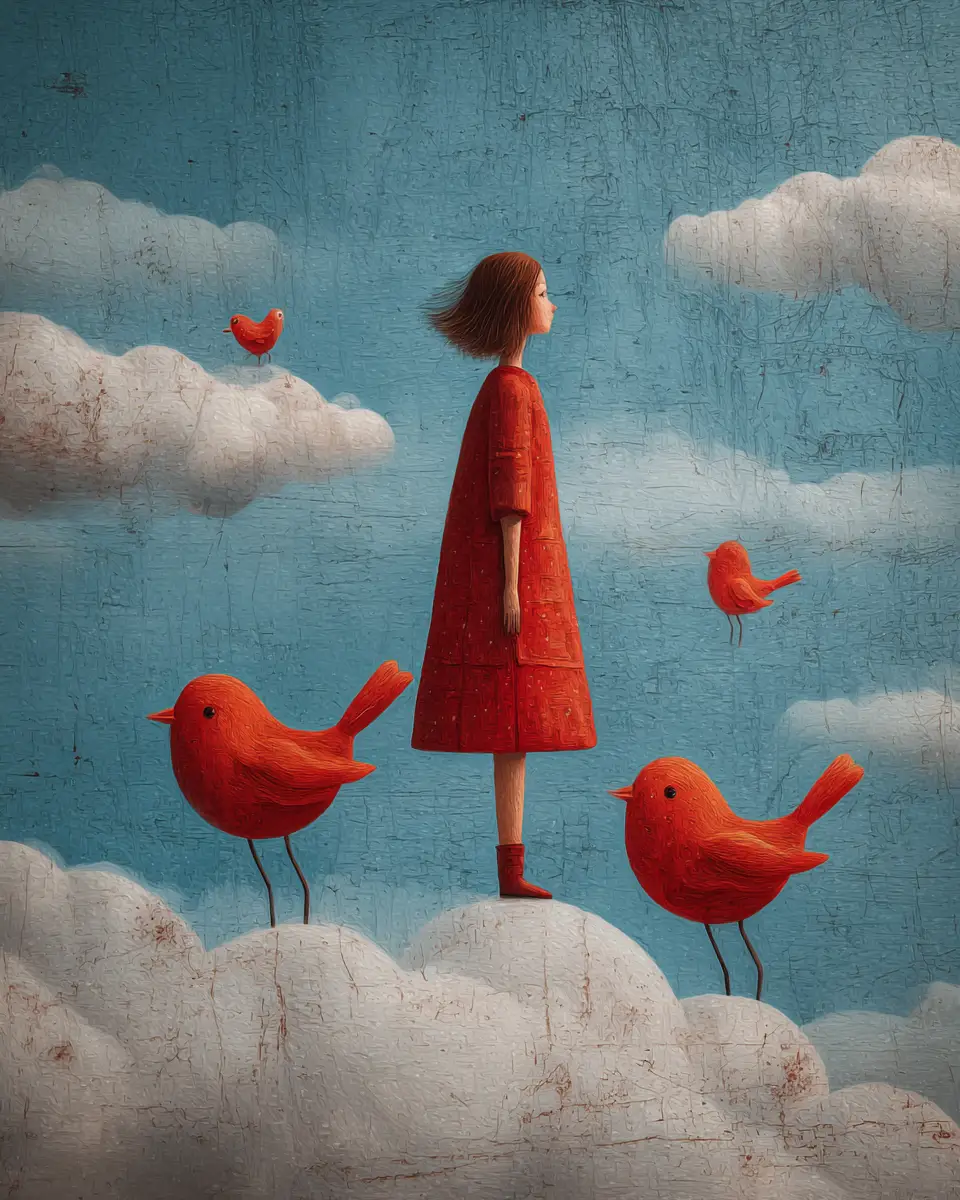 Happy people riding soft surreal clouds in sunlight