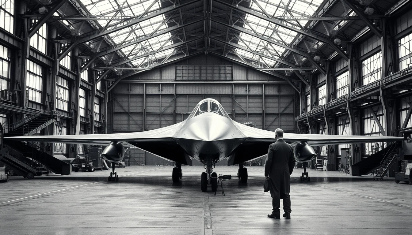 Primo piano di prototipo di bombardiere stealth in hangar aeronautico