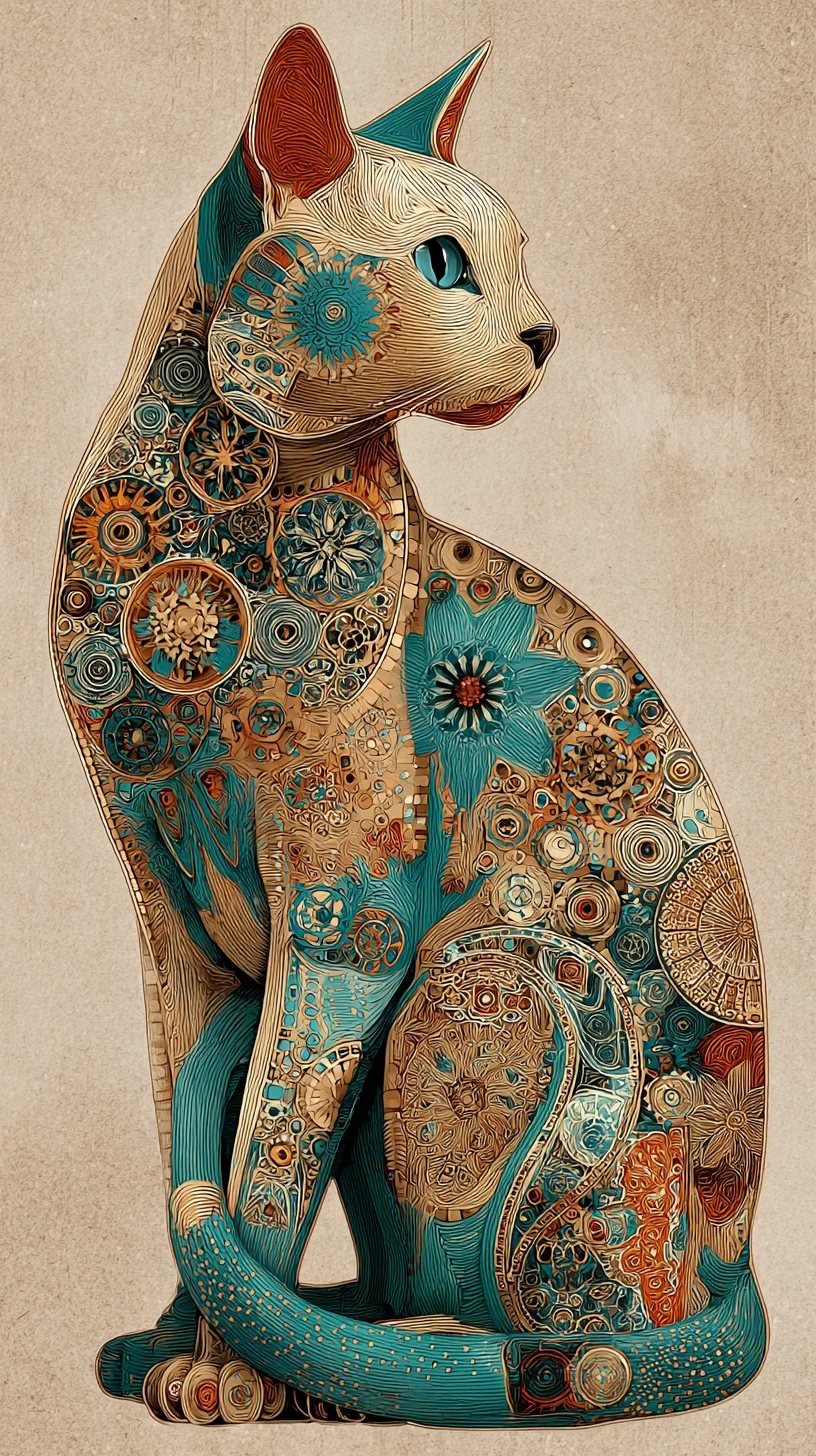 Mosaic steampunk cat with floral and celestial patterns