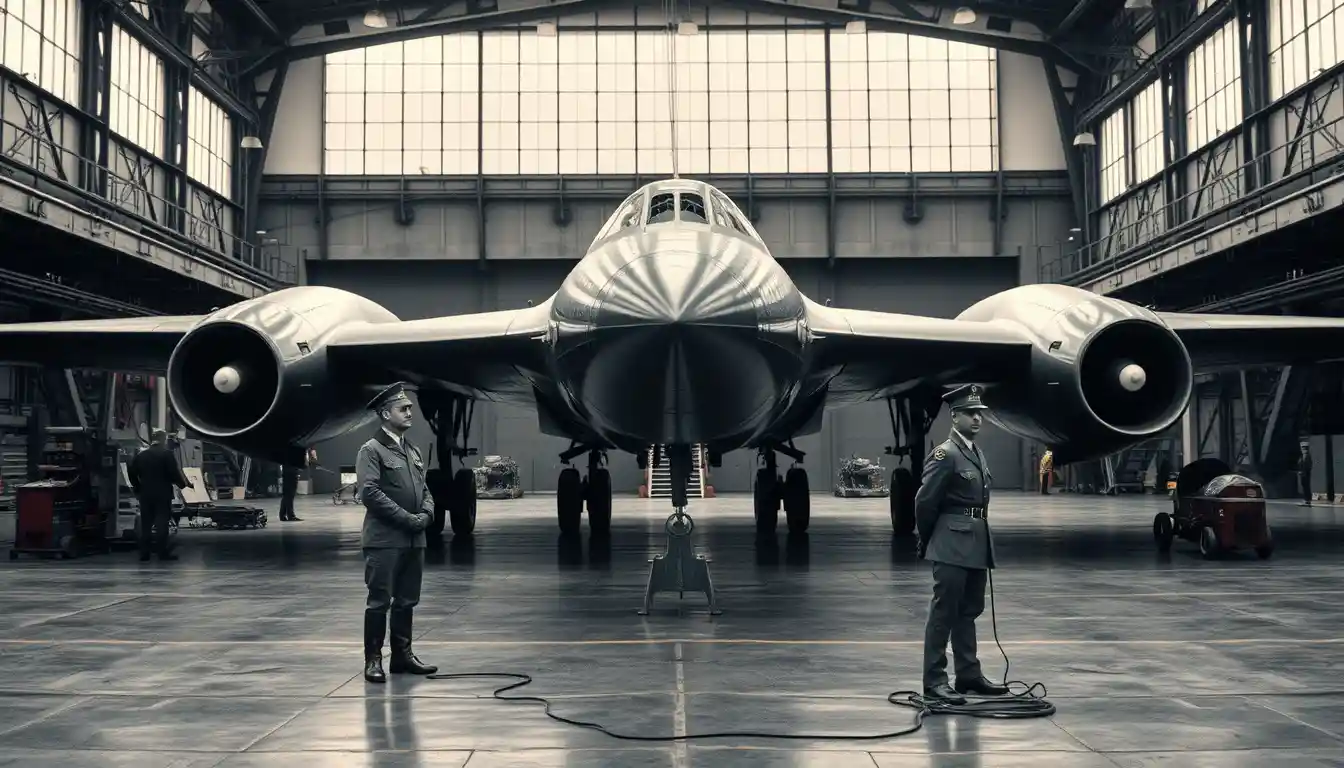 Ingenieros alemanes construyen un bombardero furtivo experimental en un hangar