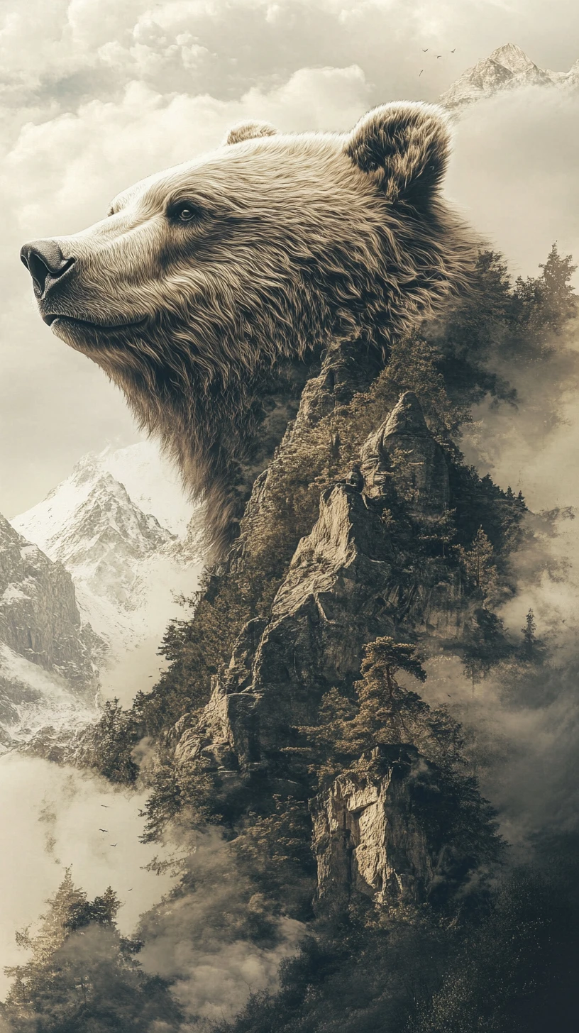 Surreal mountain bear illusion with layered hidden imagery