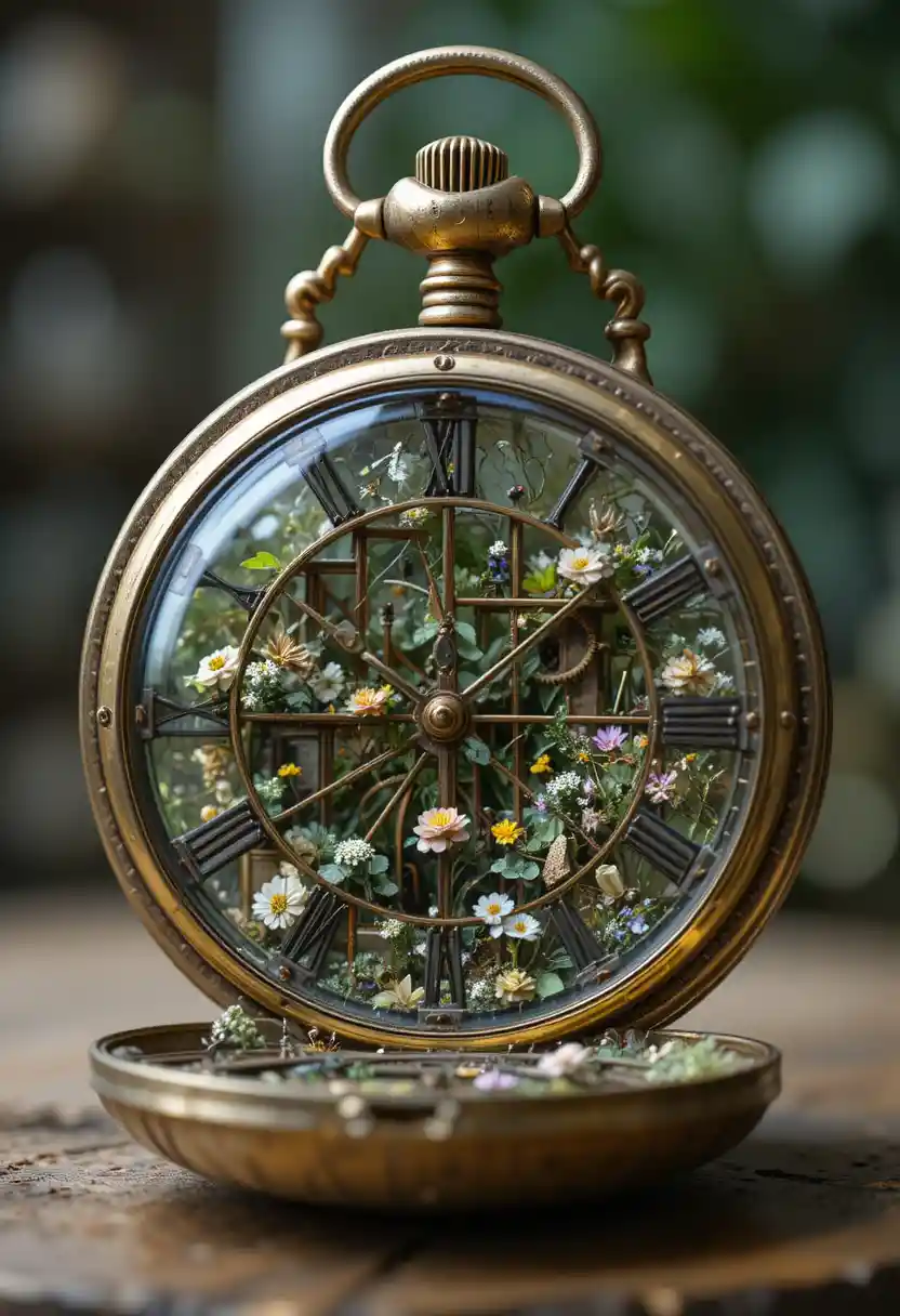 Vintage pocket watch opening into a tiny glass greenhouse