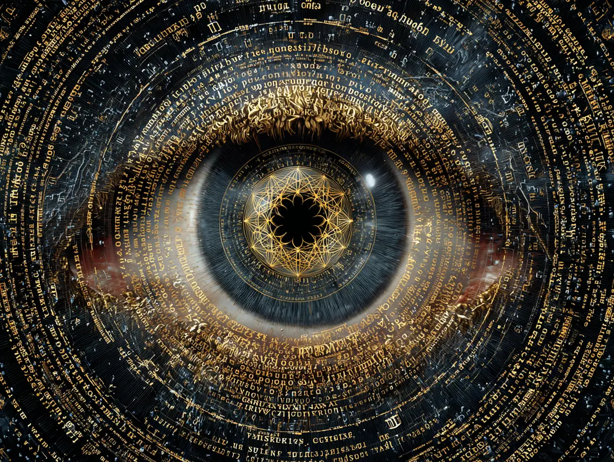 Burning sacred eye fused with explosive cosmic geometry
