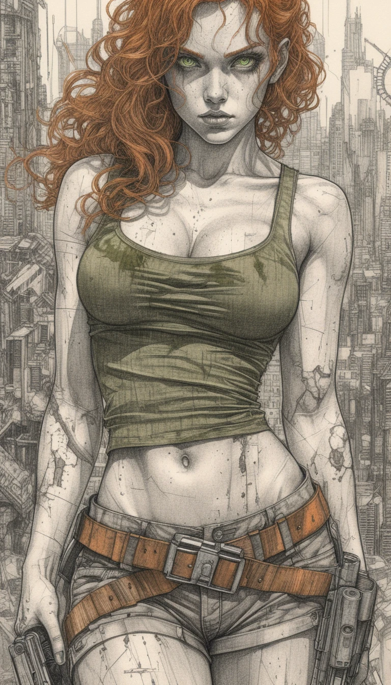 Battle worn woman with pistols in ruined cityscape