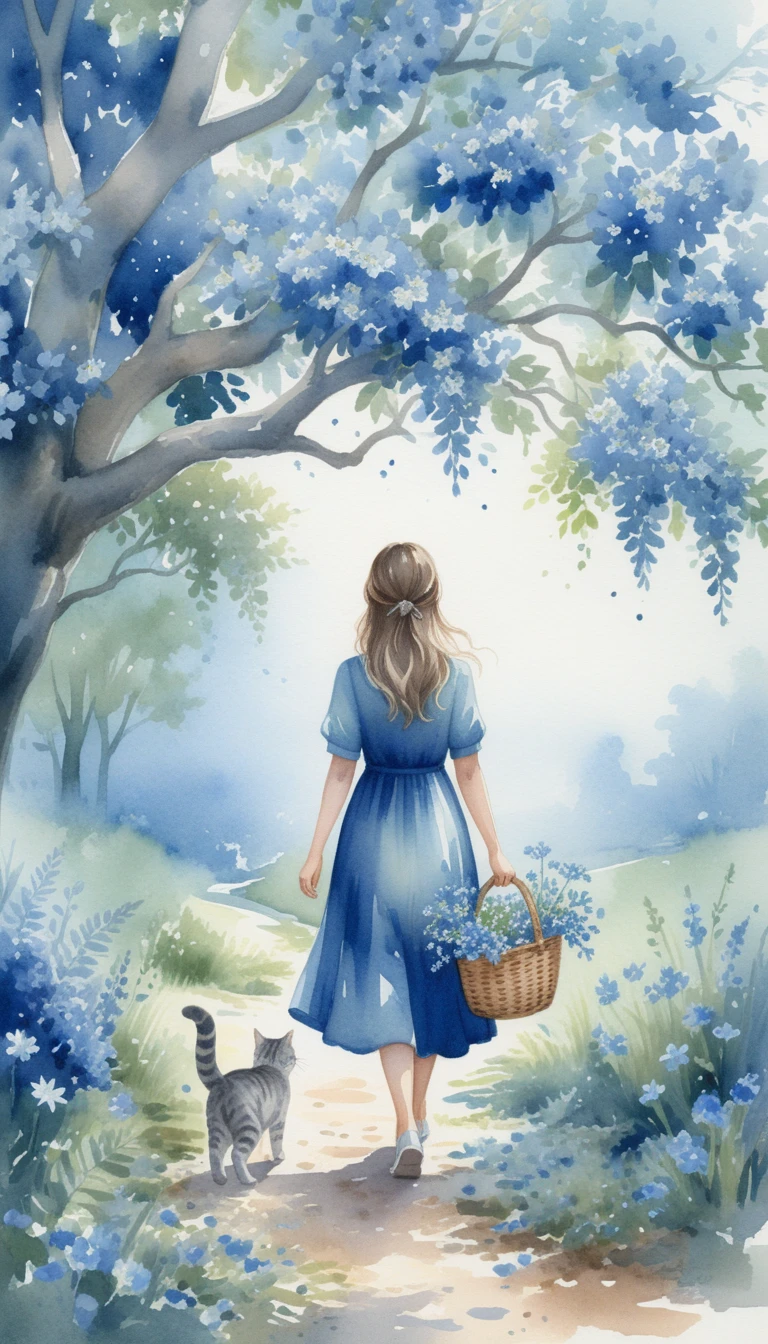 Girl in blue dress walking with cat under flowered tree