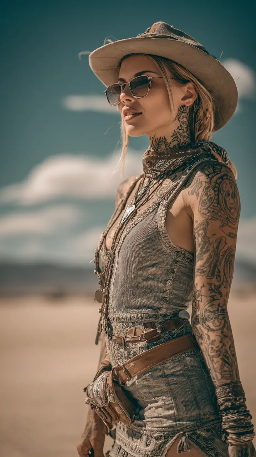 Surreal close up girl portrait with coachella style tattoos
