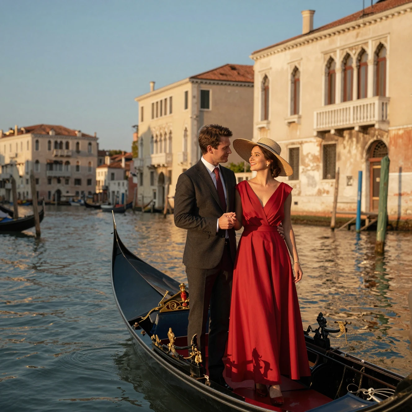 Pareja romántica en una góndola al atardecer en Venecia
