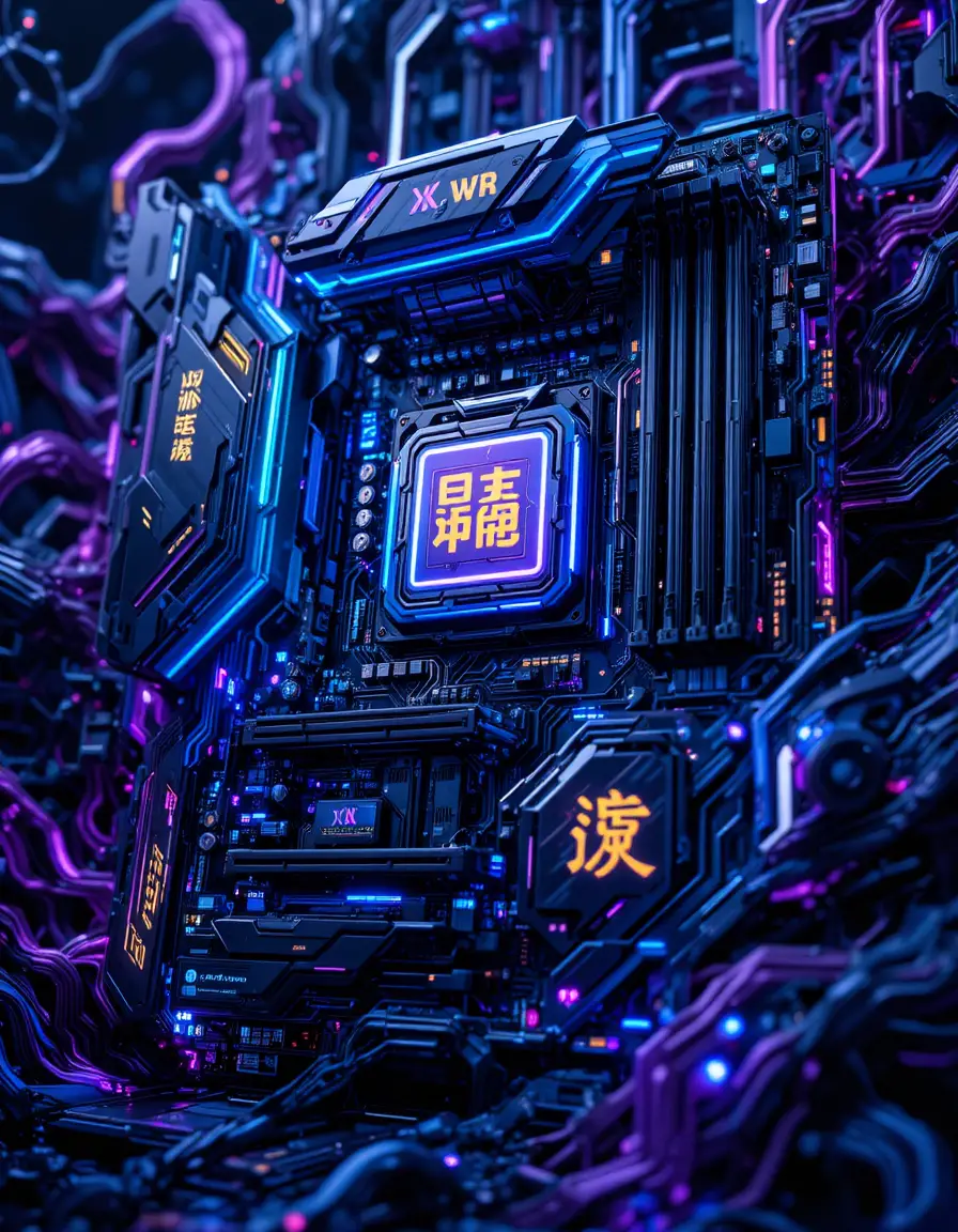Scheda madre futuristica in primo piano con circuiti al neon e kanji