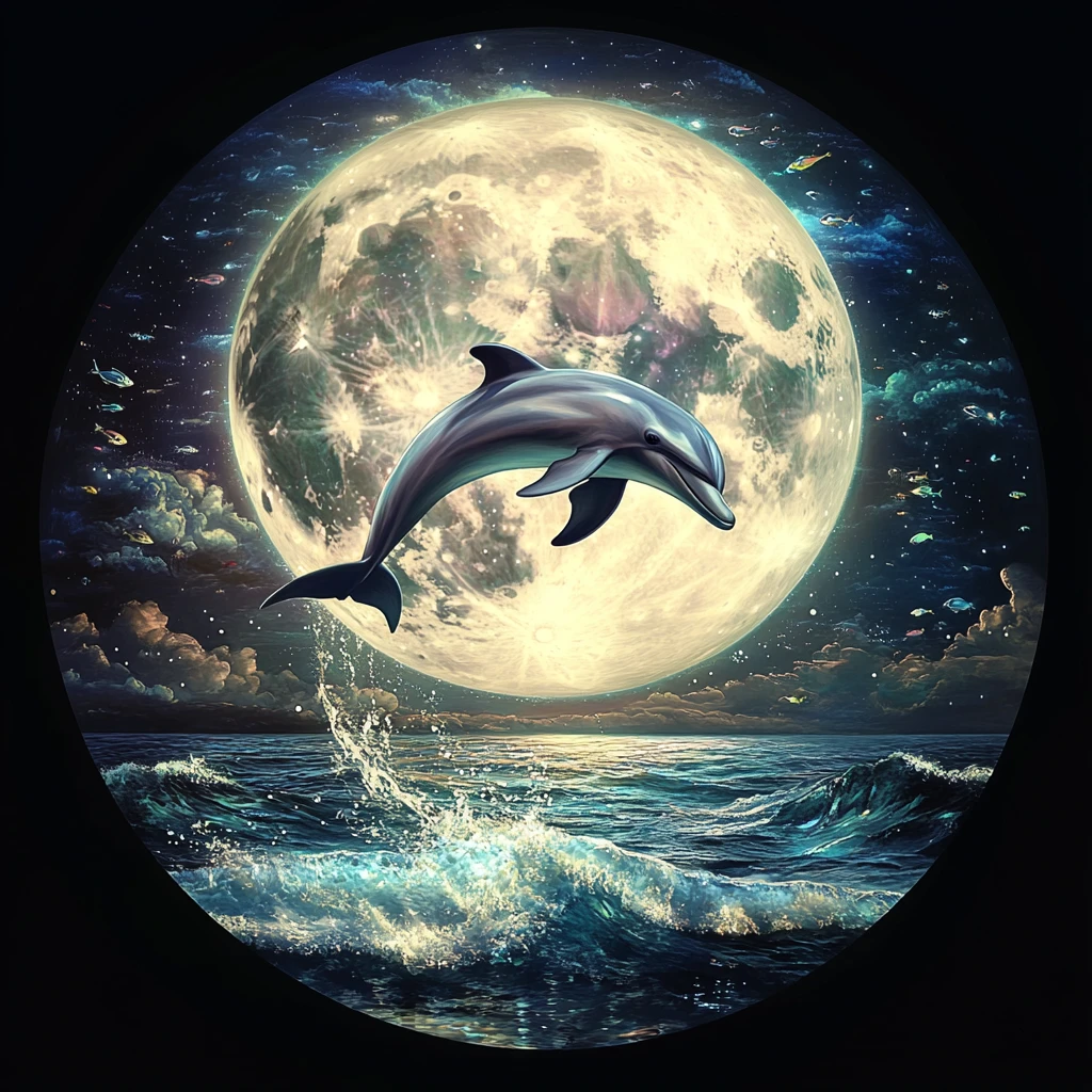 Dolphin Leaping From Moonlit Ocean Beneath Glowing Full Moon