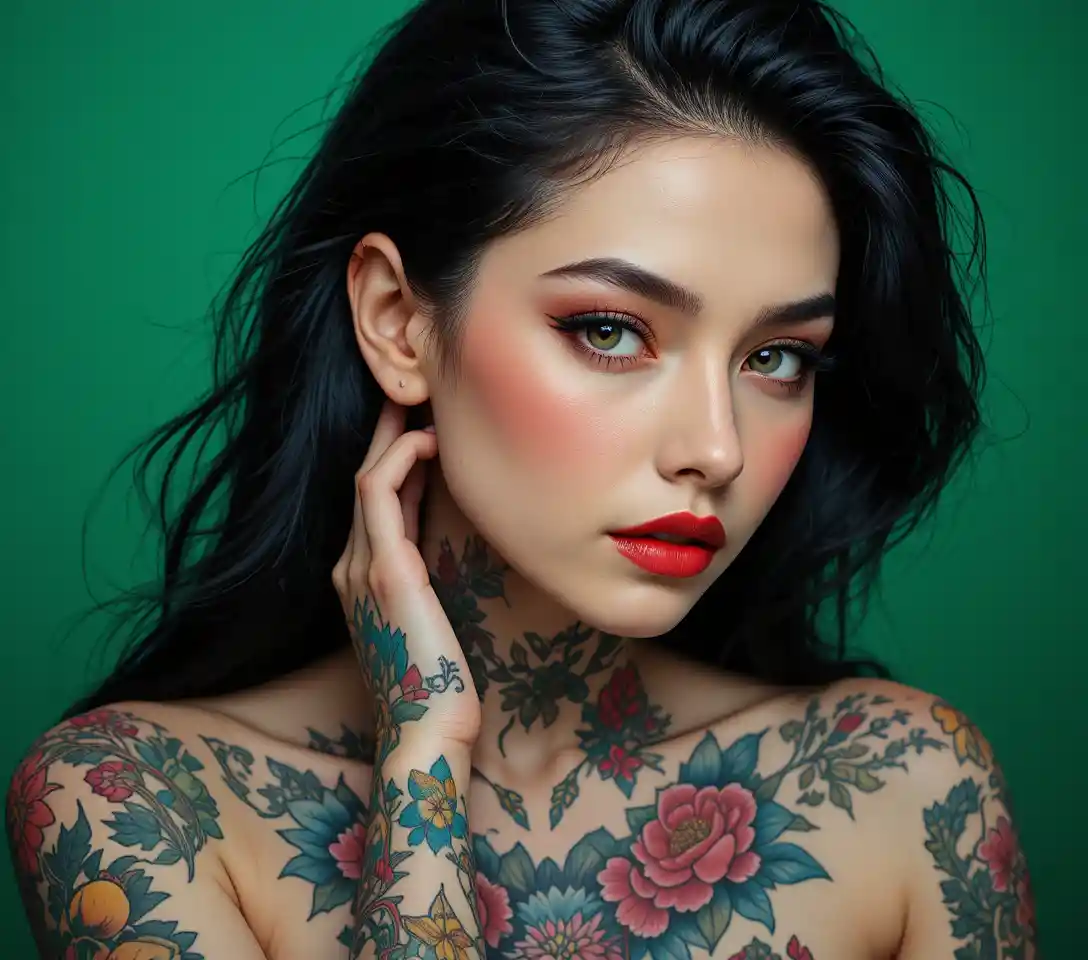 Tattooed woman portrait with long dark hair and soft light
