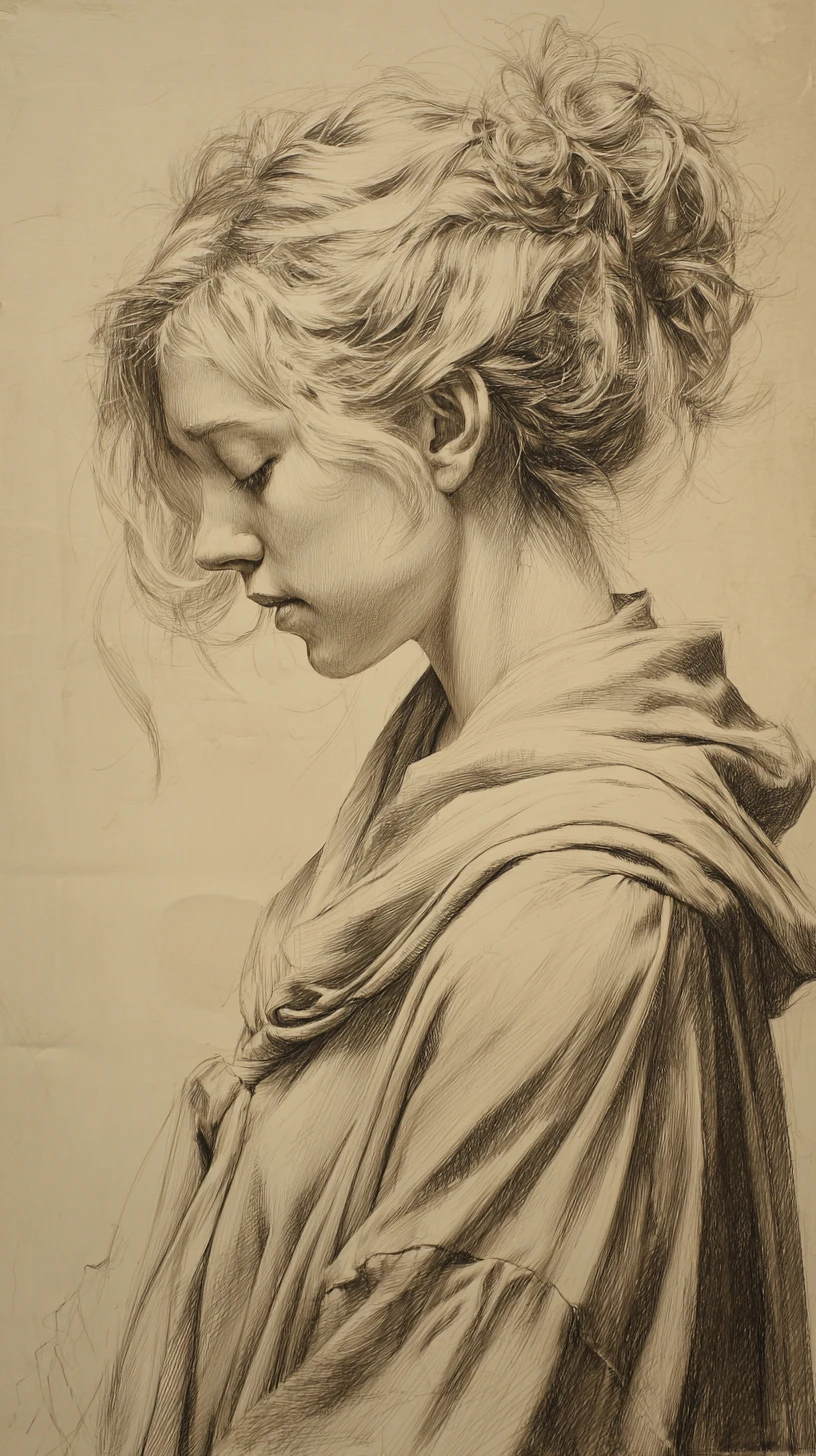 Pencil portrait of a young woman in melancholic side profile