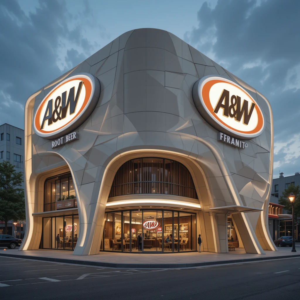 Futuristic beige flagship building with illuminated modern design