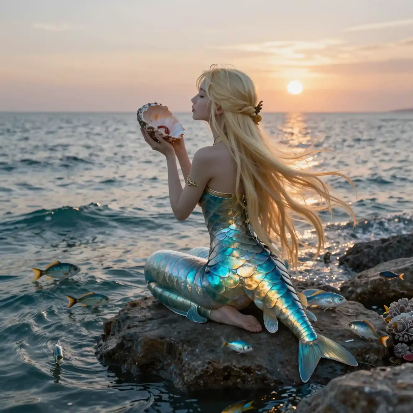 海辺の夕焼けに岩の上で歌う荘厳な人魚